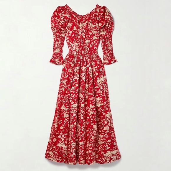 DÔEN Meribel shirred floral-print cotton-poplin midi dress size Small - Picture 2 of 10